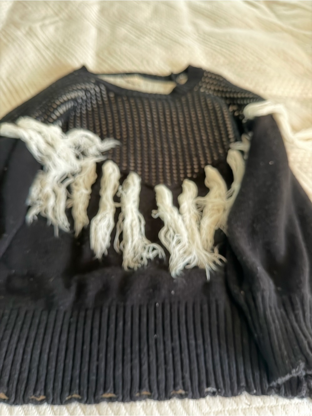 BiBi Black Crewneck Sweater with Cream Fringe Detail